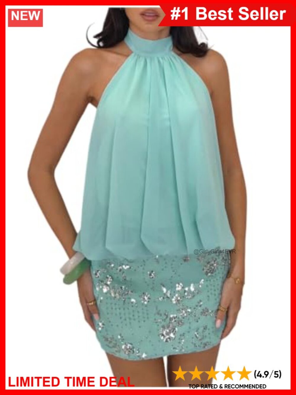 Sequin Halter Chiffon Bodycon Mini Party Dress Backless Ruched